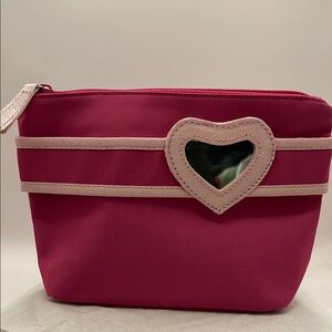 Vibrant Pink Cosmetic Bag with Heart Detail w/Mirror and Zipper Closure